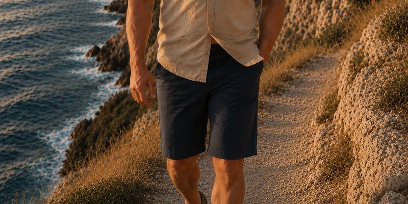 The short in navy, close crop, walking a cliffside path above Dubrovnik.