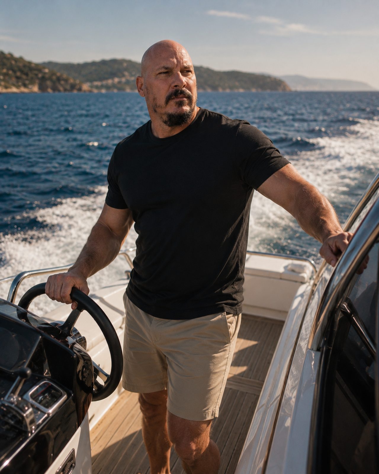 The founder in a black T-shirt and khaki Hero Hybrid Short, at the helm of a boat off the coast.