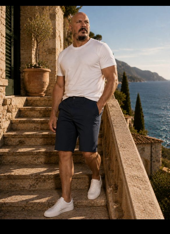 The founder in a white T-shirt and navy Hero Hybrid Short, on a coastal terrace by the sea.