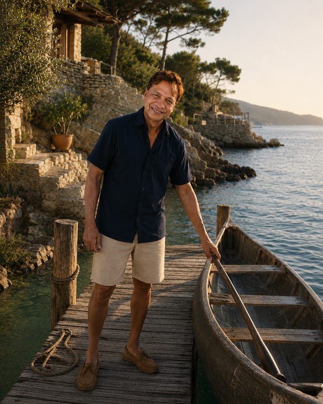 A khaki colourway of the Hero Hybrid Short, worn on a wooden dock beside a rowboat.
