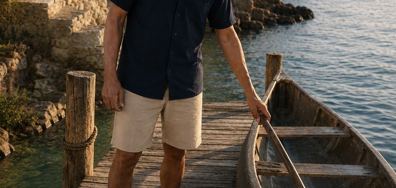 A khaki colourway of the short, close crop, on a wooden dock.