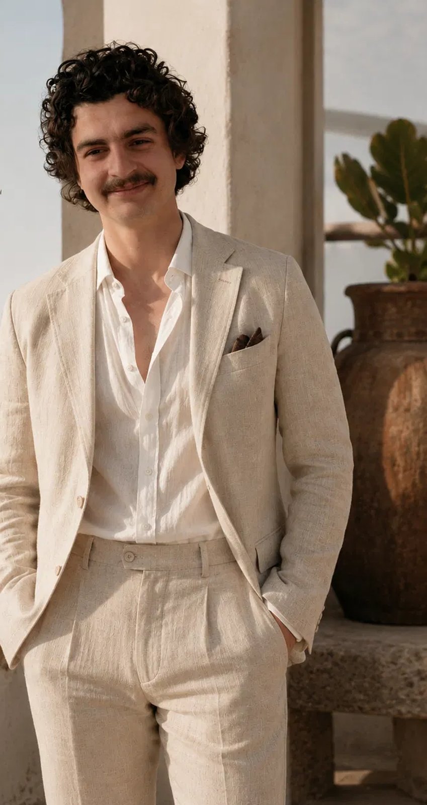 A young model in a cream linen suit and open white shirt, on a Mediterranean terrace overlooking the sea.